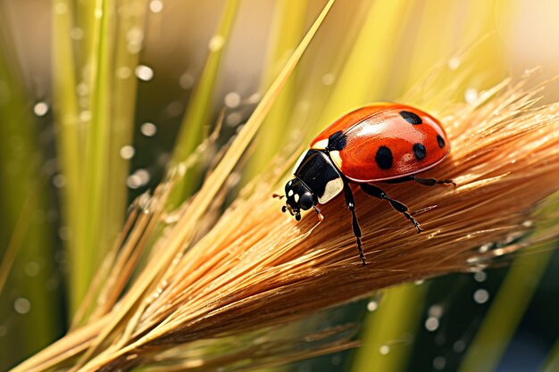 Photo close up shot of a ladybug crawling along a blade of grass by the lake