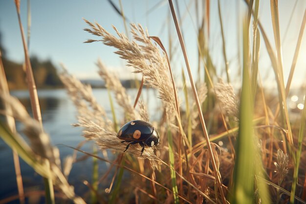 Photo close up shot of a ladybug crawling along a blade of grass by the lake