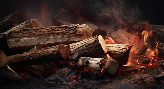 a close up shot of a lot of wood and fire