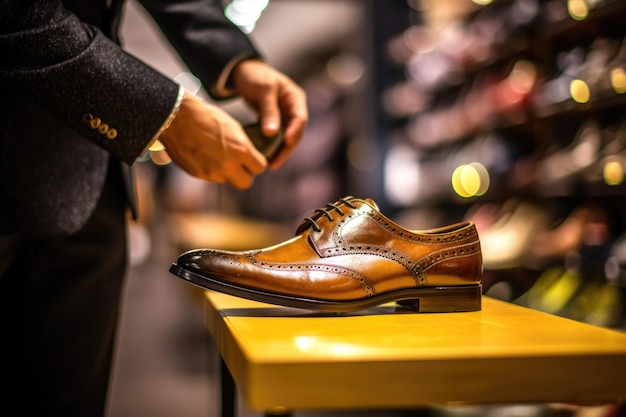 Photo a close up shot of a man trying on a pair of stylish shoes in a boutique generative ai