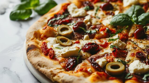 Close up shot of a Mediterranean inspired pizza on a clean white surface