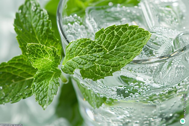 Photo close up shot of mint leaves being muddled in a glass