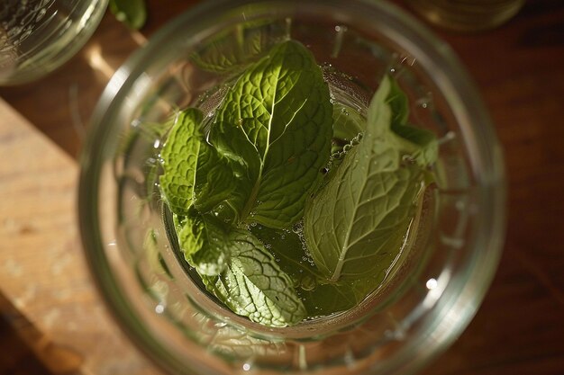 Photo close up shot of mint leaves being muddled in a glass