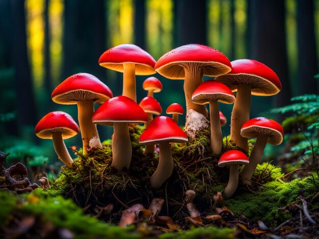 Funghi sparati da vicino nell'erba della foresta in autunno