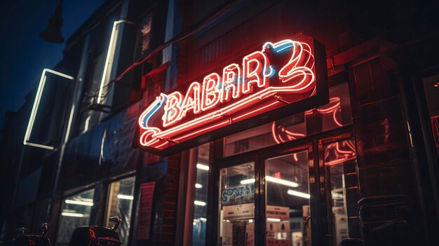 A close up shot of a neon sign with the word BARBER illuminating the shop