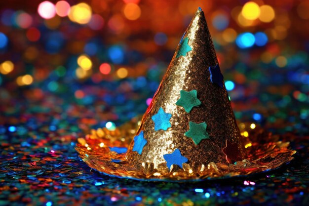 A close up shot of a New Year's party hat with colorful sequins and a vibrant tassel Generative AI