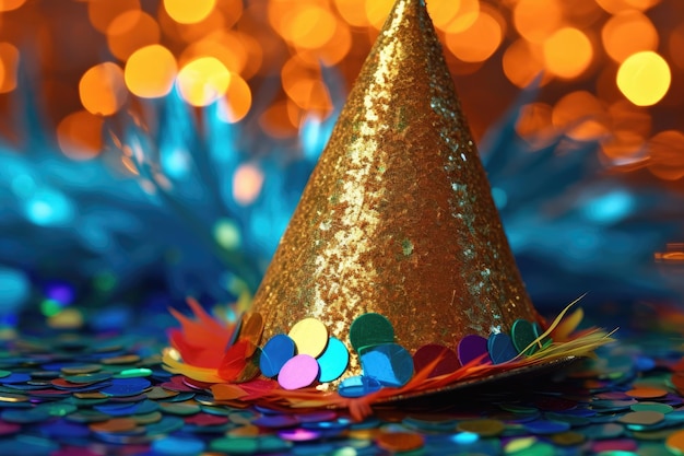 A close up shot of a New Year's party hat with colorful sequins and a vibrant tassel Generative AI