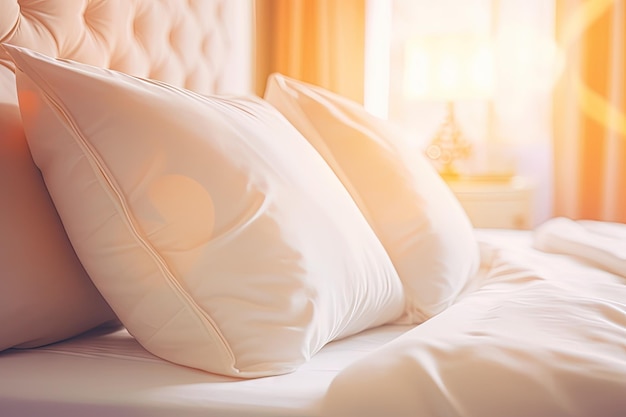 写真 白い枕とシーツが照らされた明るい部屋にある美しく作られたベッドの接写ショット b