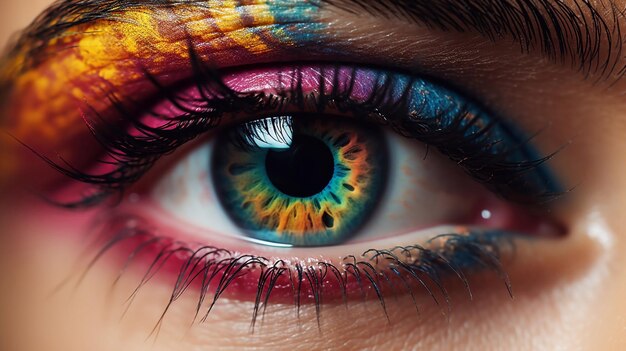 Фото Близкий снимок красивого женского глаза с радужной цветной линзой яркий макияж концепция фестиваля холи генеративный ии