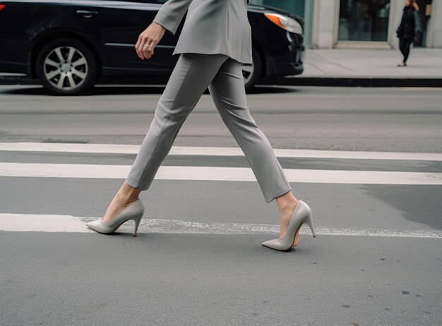 Фото Крупный план ног деловой женщины в туфлях, стоящей на городской улице. много расфокусированного пустого пространства на заднем плане для текста или оформления. малая глубина резкости.