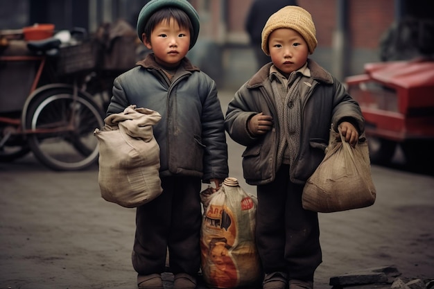 写真 close up shot of kids selling food in street generative ai