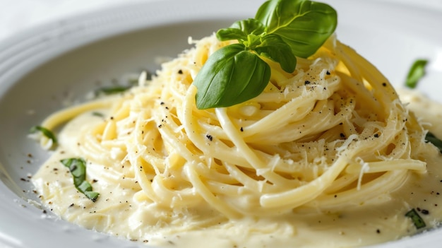 Фото Близкий кадр спагетти альфредо на белом фоне