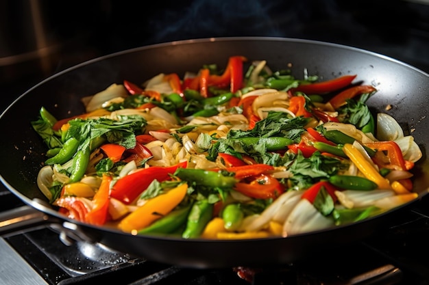 写真 中華鍋で野菜を炒めるクローズアップショット