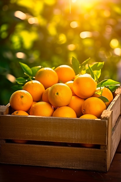 A close up shot of oranges in wooden crate