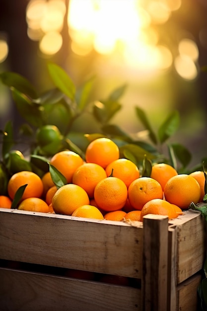 A close up shot of oranges in wooden crate