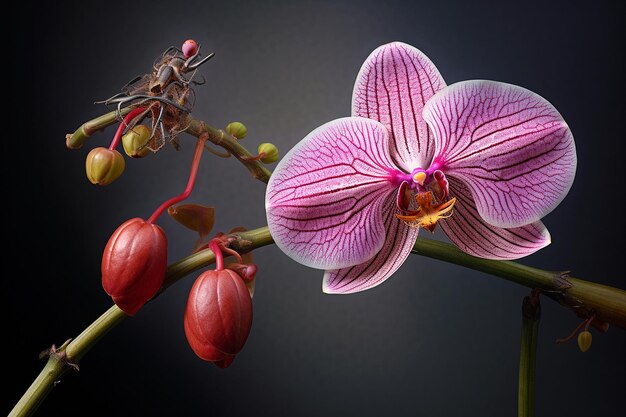 Close up shot of an orchid with a dragonfly