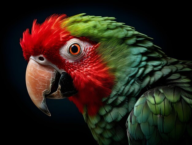 a close up shot of a parrot on black background