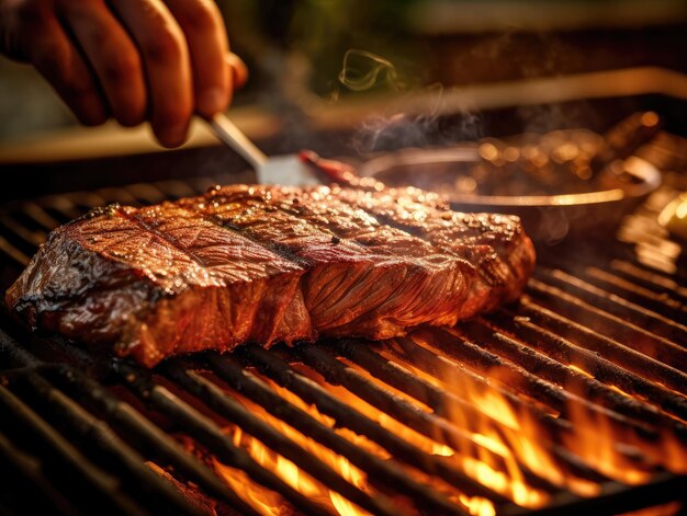 A close up shot of a perfectly grilled steak sizzling on a barbecue grill Generative AI