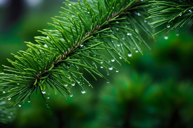 close up shot of pine tree branch with water droplets on it made with AI