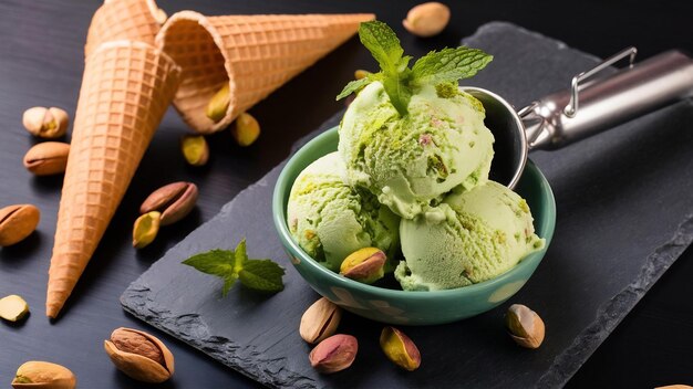 Photo close up shot of a piquant pistachio ice cream decorated with mint waffle cones with scattered pis
