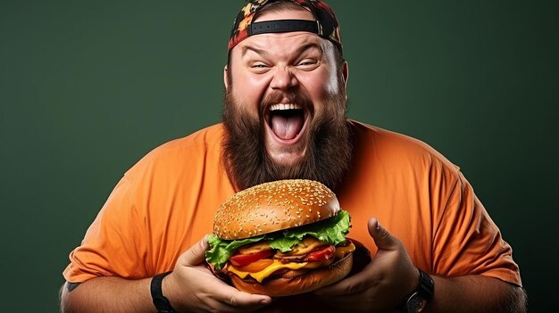 Photo close up shot portrait photo of a satisfied man in a tshirt greedily eating a juicy hamburger one