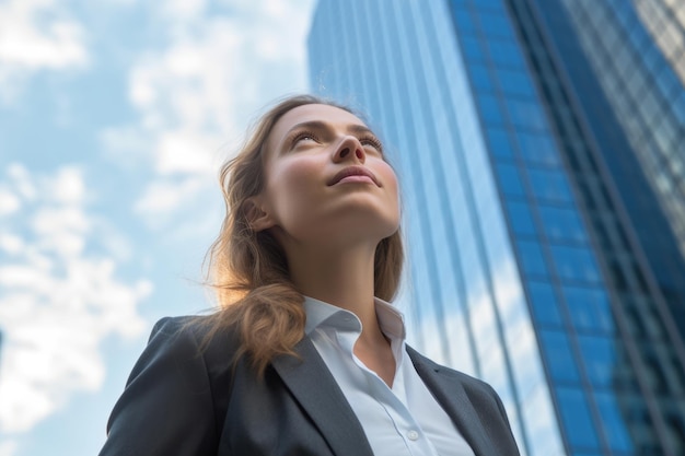 A close up shot of a professional businesswoman with a glass high rise building as the backdrop symbolizing progress and ambition Generative AI