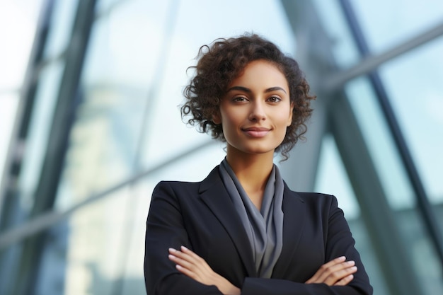 A close up shot of a professional businesswoman with a glass high rise building as the backdrop symbolizing progress and ambition Generative AI