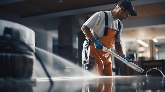 A close up shot of a professional cleaning crew at work