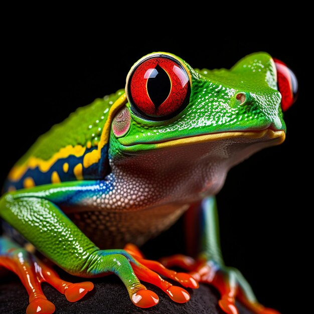 Photo close up shot of a red eyed tree frog on black background