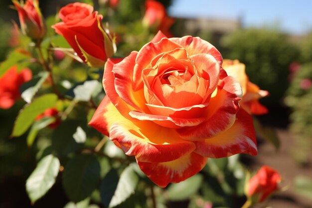 A close up shot of a rose with a bee in mid flight nearby