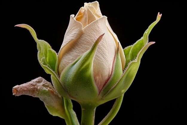 A close up shot of a rosebud beginning to unfurl