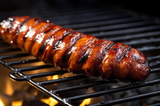 Close up shot of a sausage on a grill