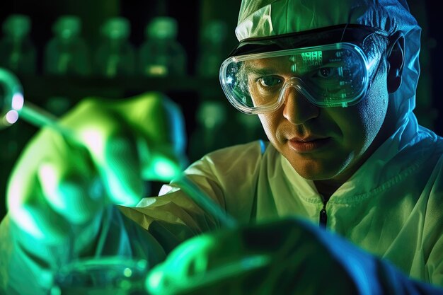 研究室で保護眼鏡をかぶって試管を検査している科学者のクローズアップショット (ジェネレーティブAI)
