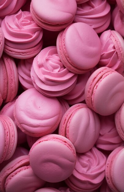 close up shot showing rose pink macarons in a row in the style of spirals and curves creased crink