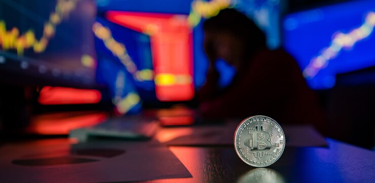 Photo close up shot of silver bitcoin cryptocurrency virtual token on desk with unhappy failure trader