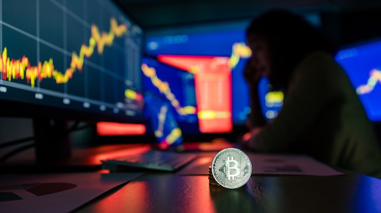 Photo close up shot of silver bitcoin cryptocurrency virtual token on desk with upset unhappy failure trader investor looking graph chart value loss in computer monitor screen in blurred shadow background.