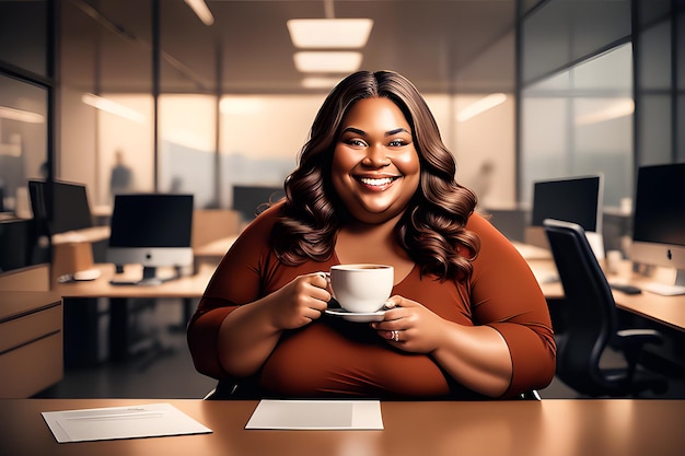 a close up shot of a smiling plus size ceo black curvy lady radiating office with her coffee