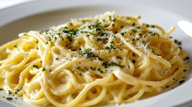 close up shot of Spaghetti Alfredo against a white backdrop