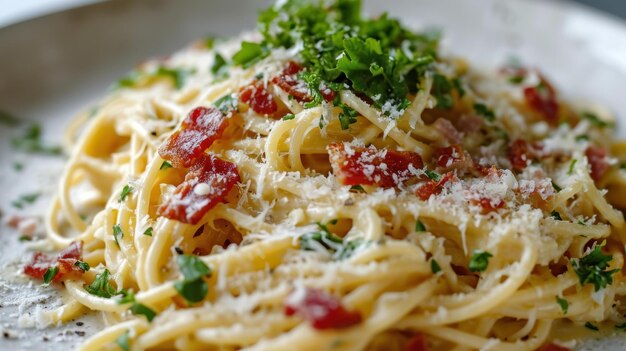 Close up shot of a Spaghetti Carbonara against white surface