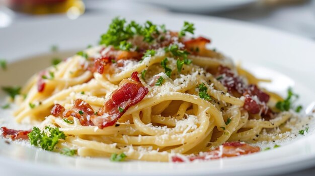 Close up shot of a Spaghetti Carbonara against white surface