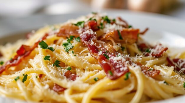 Close up shot of a Spaghetti Carbonara against white surface