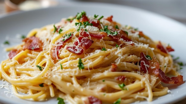 Close up shot of a Spaghetti Carbonara against white surface