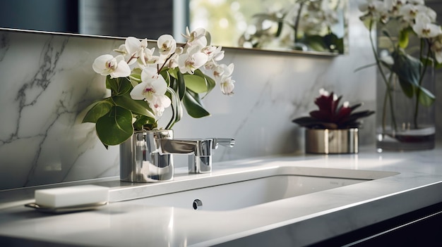 A close up shot of a sparkling clean and well maintained bathroom