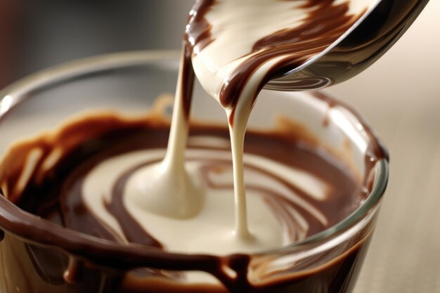 A close up shot of a spoonful of chocolate syrup being drizzled into a glass of milk creating a swirl of chocolate in the air Generative AI