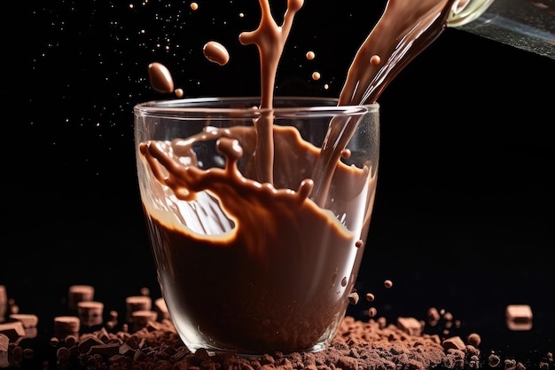 A close up shot of a spoonful of chocolate syrup being drizzled into a glass of milk creating a swirl of chocolate in the air Generative AI