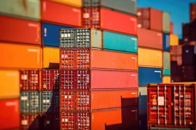 Close up shot of a stack of shipping containers at a busy port emphasizing the logistical aspect of cargo transportation Generative AI