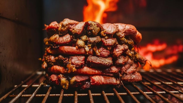 Photo close up shot of stacked meat roasting to be used in preparation of traditional greek dish gyros or