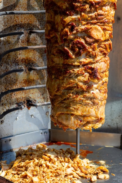 Close up shot of stacked meat roasting