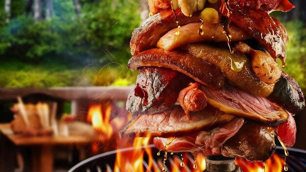 Close up shot of stacked meat roasting