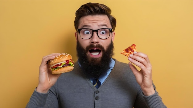 Photo close up shot of surprised pleased bearded man holds burger and piece of pizza eats junk food doesn